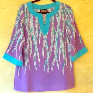Bob Mackie silk feather print purple tunic.